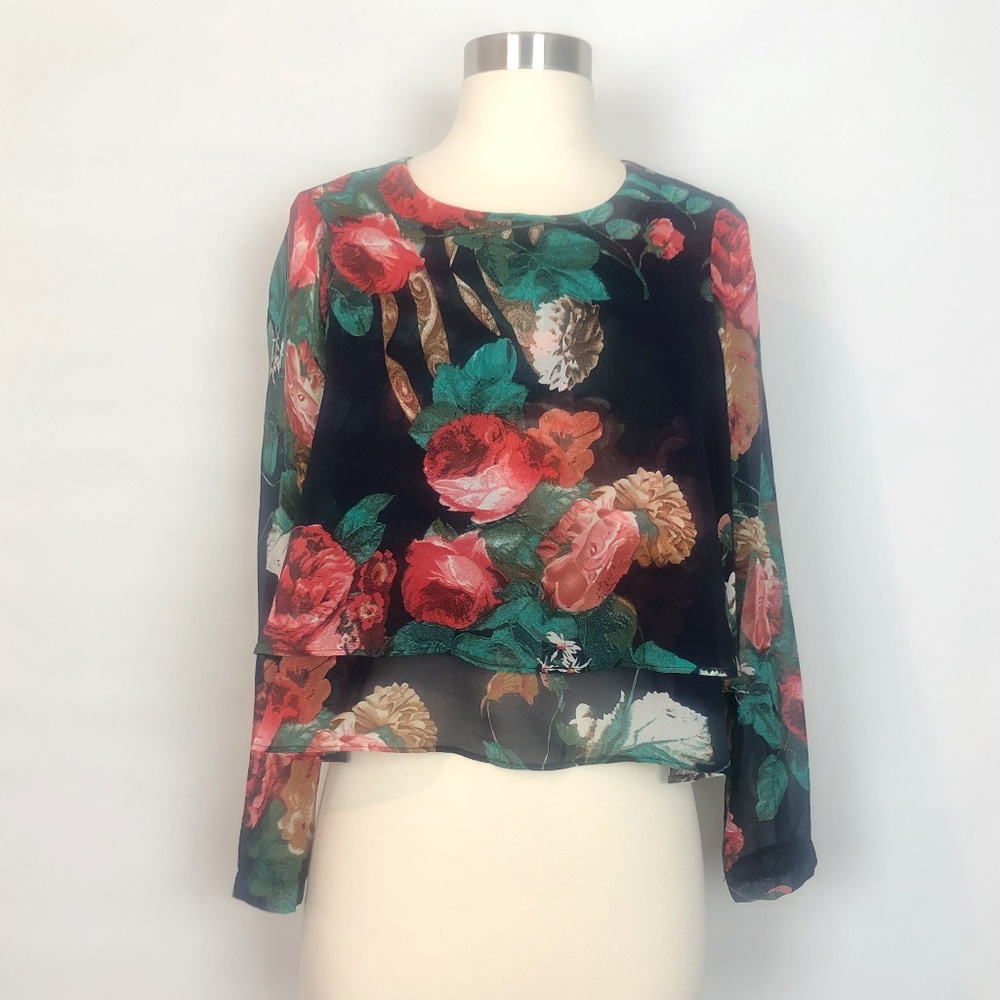 Paisie Floral Print Ruffle Layer Crop Blouse 6